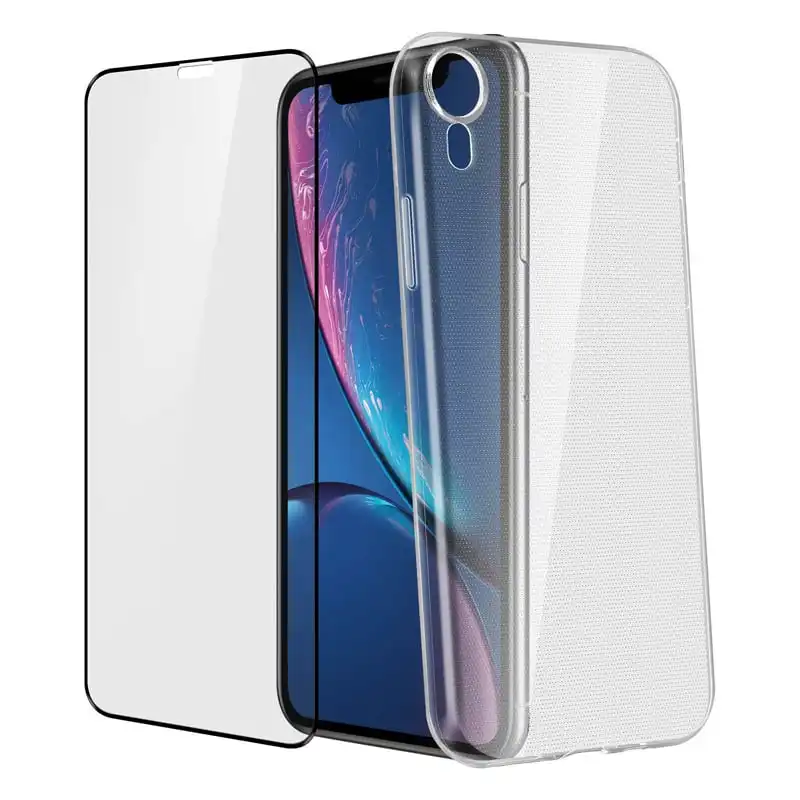 Avizar Funda de Silicona Transparente + Cristal Templado con Bordes Negros para Apple iPhone XR