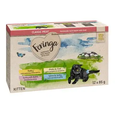 Feringa Classic Meat Menu Kitten en bolsitas 12 x 85 g - Pack mixto 2: Ave, Pavo y conejo, Poloo y trucha, Salmón y pavo - Feringa - Comparador de precios