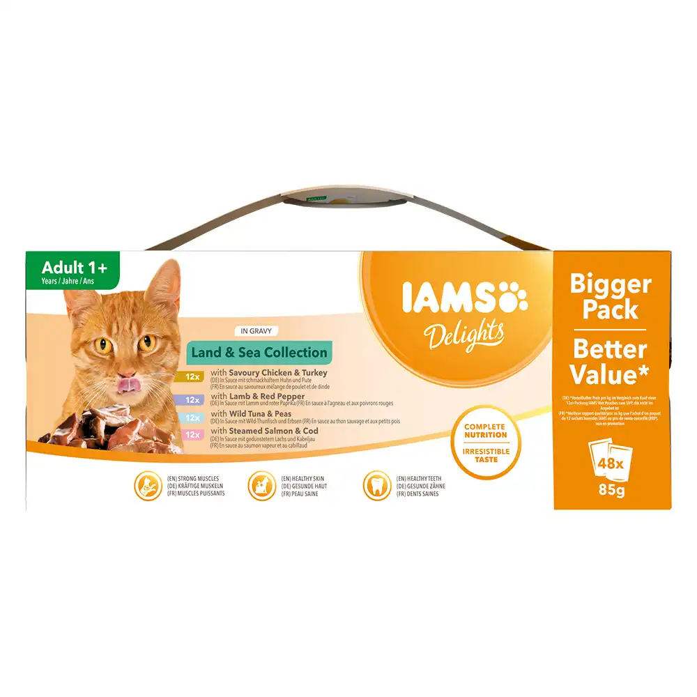 IAMS Delights 48 x 85 g - Pack Ahorro - Mezcla de la tierra y el mar en salsa