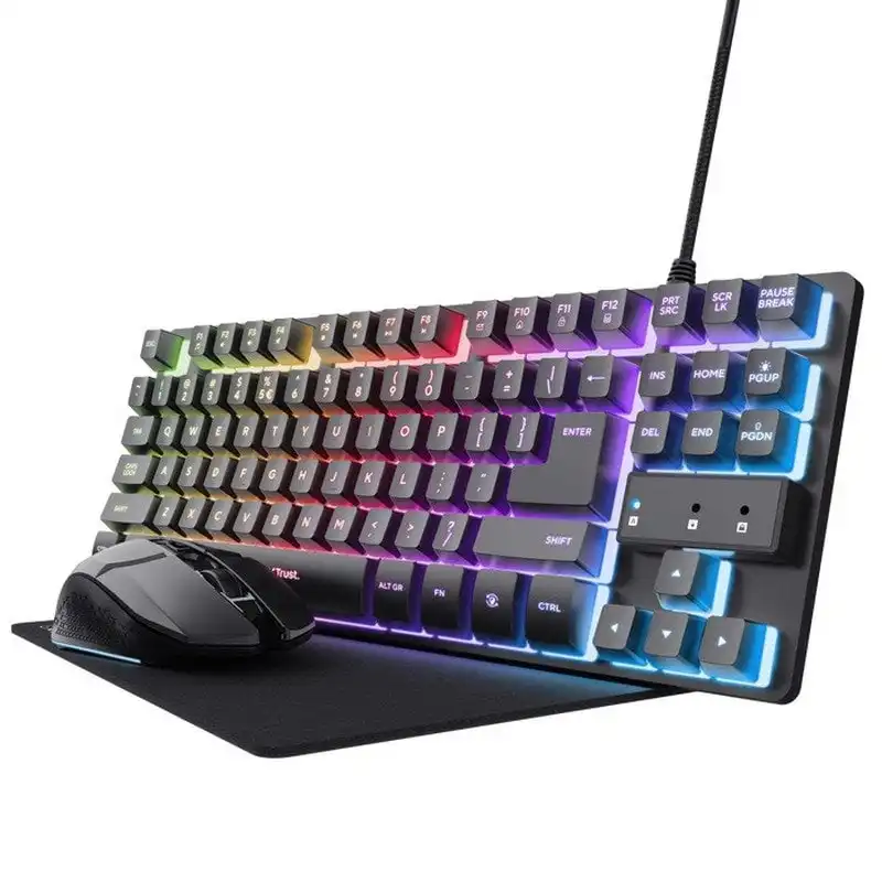 Trust GXT 794 Pack Gaming Teclado TKL RGB Negro + Ratón Inalámbrico RGB Negro + Alfombrilla Negra