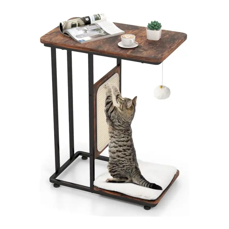 COSTWAY 4 en 1 Árbol para Gatos y Mesa Auxiliar en Forma de C con Cojín Lavable Marrón Rústico para gatos - 50 x 30 x 64 cm - COSTWAY - Comparador de precios