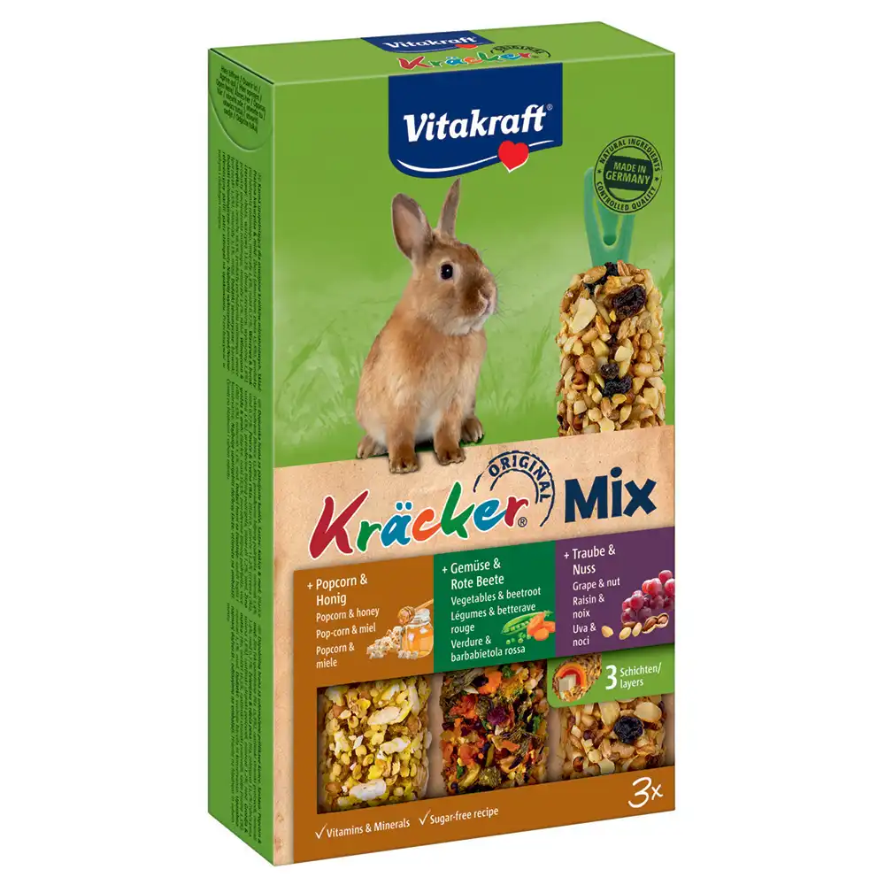 Vitakraft galletas Trio-Mix para conejos enano - 3x3 Palomitas & Miel, Verduras & Remolacha, Uva & Nuez - Vitakraft - Comparador de precios