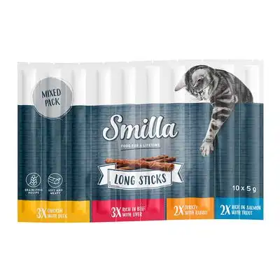 Smilla Long Sticks snacks para gatos 10 x 5 g - Pack mixto 1  (Pollo y pato, Pavo y conejo, Salmón y trucha, Vacuno e hígado) - Smilla - Comparador de precios