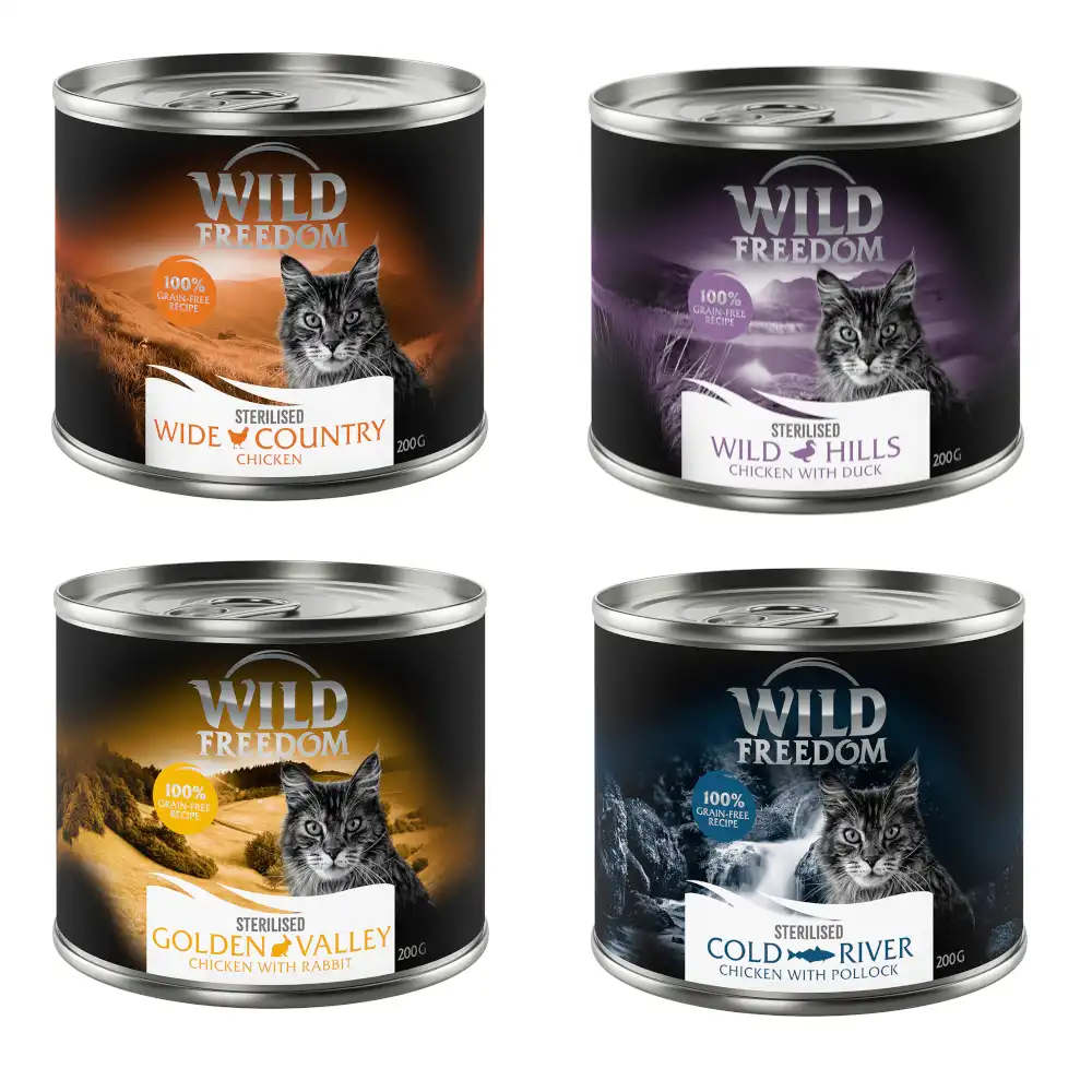 Wild Freedom Adult Sterilised 6 x 200 g - receta sin cereales - Pack mixto:(2 pollo puro, 2 pollo y sterilised, 1 pollo y conejo) - Wild Freedom - Comparador de precios